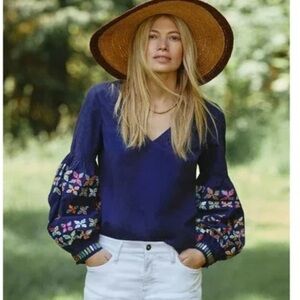 Maeve Sonja Navy Blue Embroidered Blouse Balloons Sleeve size 2